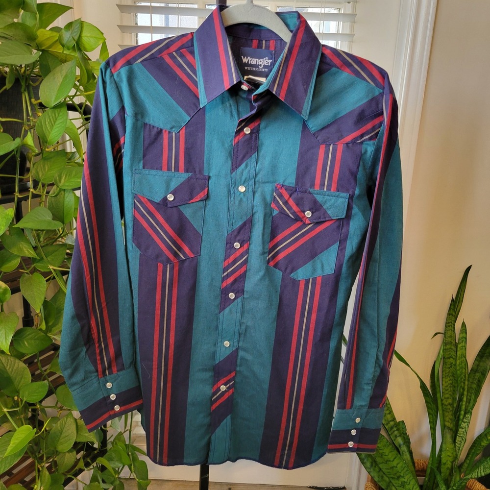Wrangler Western Shirt Mens Small Teal Blue Red Striped Pearl Snap Long Sleeve